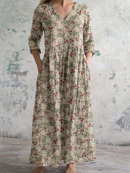 Women's V-Neck Elegant Vintage Floral Cotton Dress with Pockets