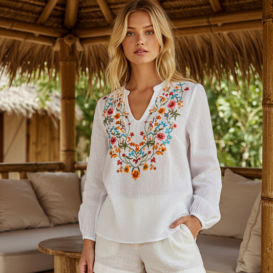 Retro Bohemian Floral Embroidery Art Graphics Cotton And Linen Blend Loose Blouse artswardrobe