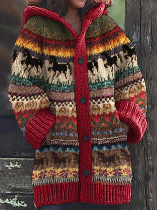 Running Horses Colorful Isle Cozy Knit Hooded Cardigan artswardrobe