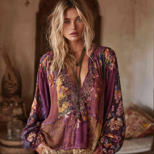 Comstylish Women's Purple Patchwork Floral Vintage V-neck Top