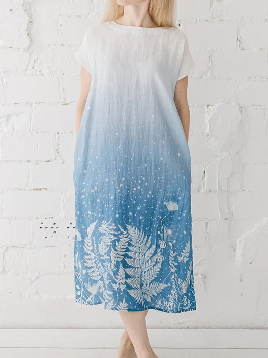 Women's Ombre Grass Print Linen Short Sleeve Dress