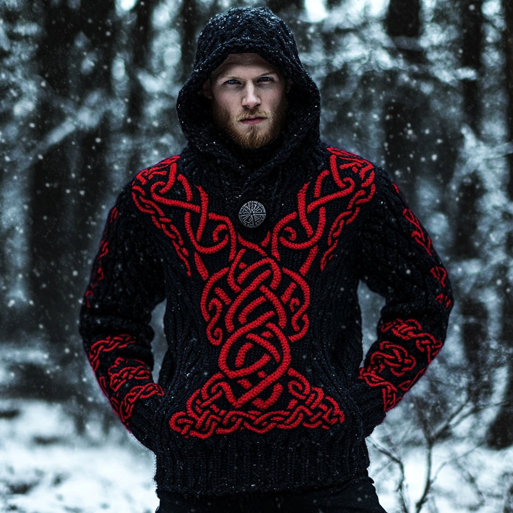 Viking Celtic Knot Pattern Cozy Knit Hooded Sweater artswardrobe