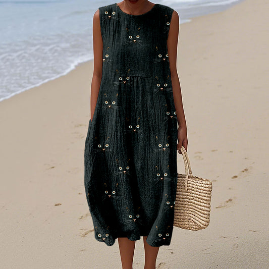 Comstylish Cute Cat Face Pattern Comfy Linen Tank Dress