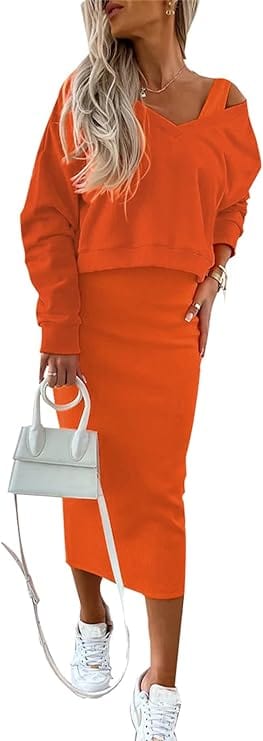 JO | Loose V-neck sweater + knitted wrap skirt set with a slim fit at the hips