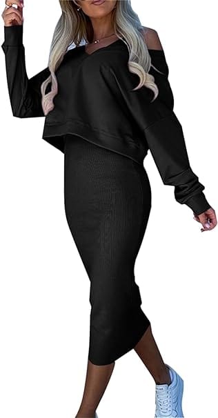 JO | Loose V-neck sweater + knitted wrap skirt set with a slim fit at the hips