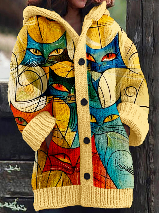 Colorful Cats Art Pattern Cozy Hooded Cardigan elevenforest