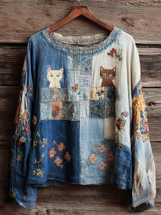 Boho Floral & Cats Embroidered Art Women's Linen Top elevenforest