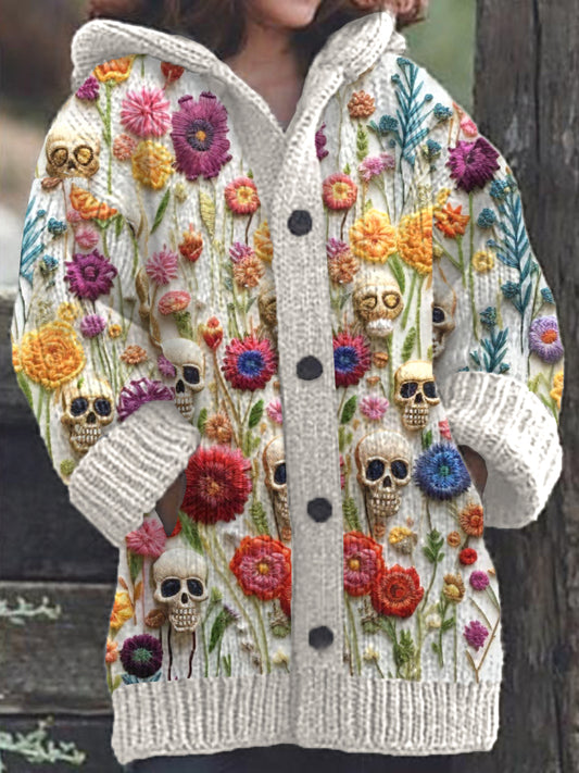 Skull Floral Embroidery Pattern Cozy Knit Hooded Cardigan artswardrobe