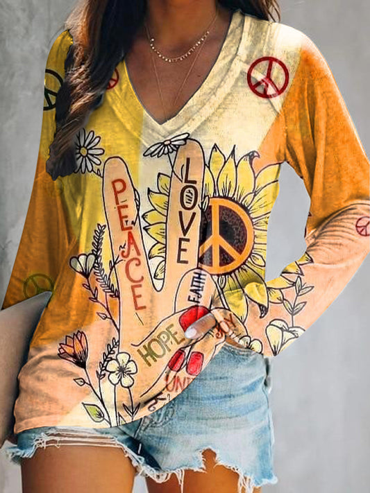 Women's Casual Hippie Peace Love Art Print V Neck Long Sleeve Tops