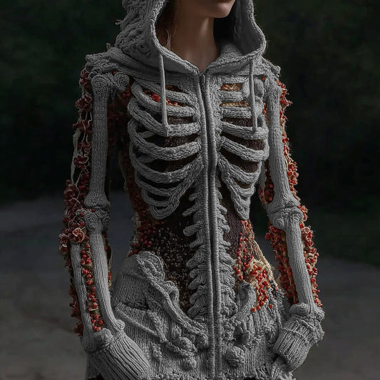 Comstylish Women's Halloween Anatomy Art Colorblock Knit Zipper Cardigan Sweater