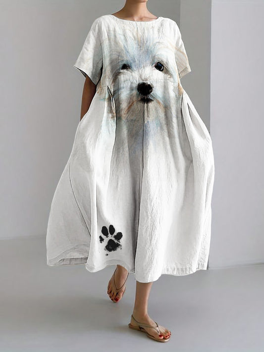 Comstylish Lovely Fuzzy Dog Paw Print Linen Blend Maxi Dress