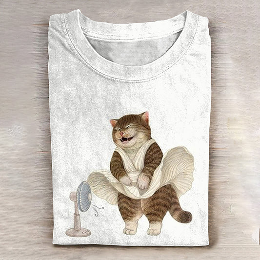 Funny Cat Print Crew Neck Short Sleeve T-Shirt elevenforest