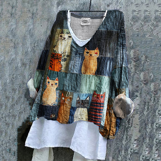 Comstylish Casual Pop Cat Patchwork Cotton Linen V-neck Blouse