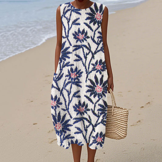 Japanese Floral Pattern Women's Linen Vest Dress artswardrobe