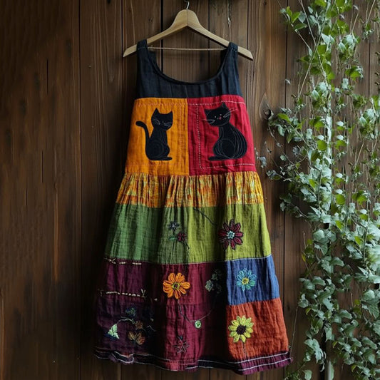 Comstylish Vintage Black Cat Peeking With Floral Patchwork Art Linen Tank Dress