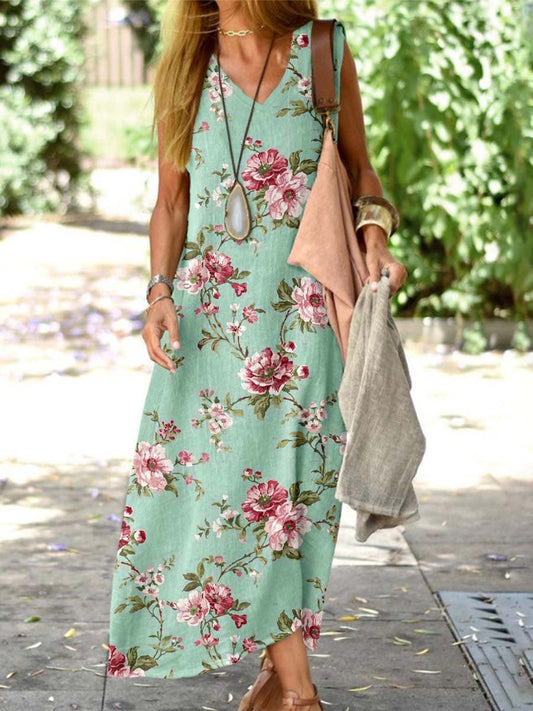 Women's Resort Style Floral Pattern Vest Style Loose Cotton and Linen Dress