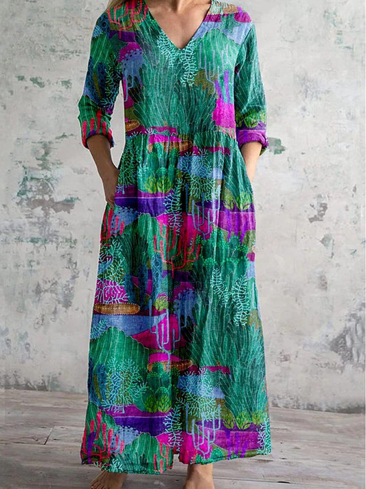 Underwater World Print V-Neck Casual Midi Dress