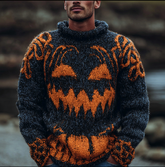 Halloween Pumpkin Pattern Design Dark Retro Men's Thick Sweater Top elevenforest