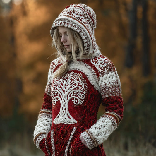 Comstylish Christmas Viking Tree Of Life Women's Knit Hooded Sweater
