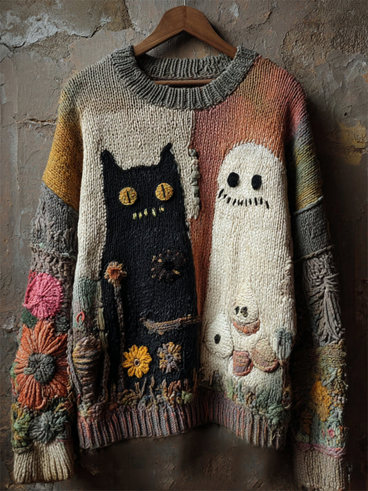 Halloween Ghost & Black Cat Floral Colorblock Cozy Knit Sweater elevenforest