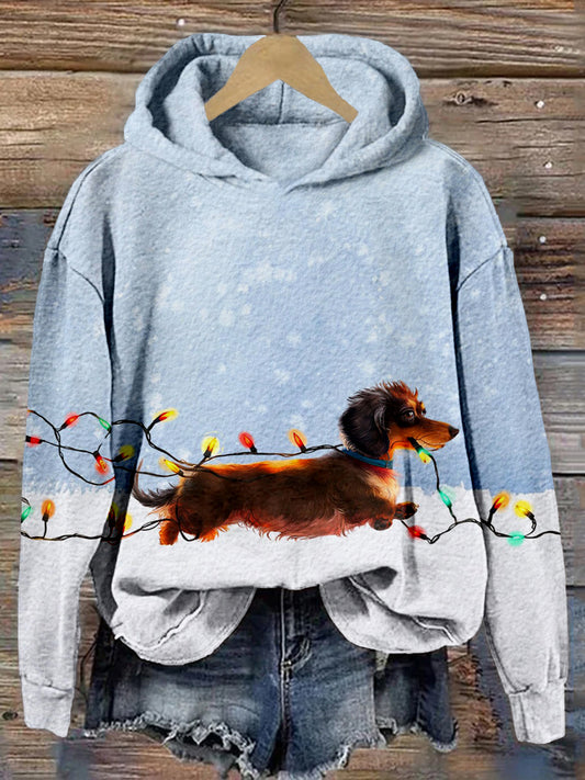 Comstylish Dachshund Tangled In Lights Christmas Washed Hoodie