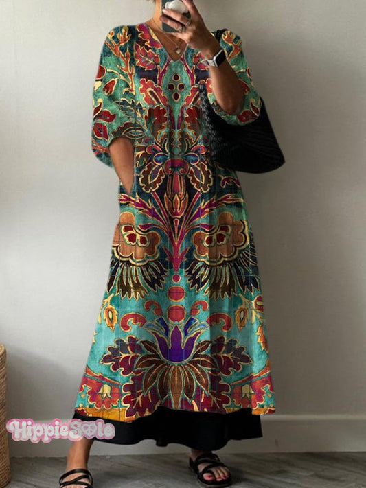 Women's Vintage Lovely Floral Art Print Pocket V-neck Cotton Dress