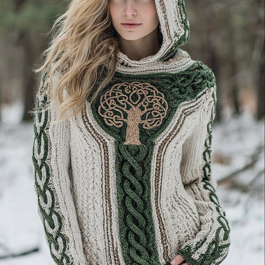 Vintage Tree Of Life Viking Inspired Cozy Knit Hooded Sweater artswardrobe