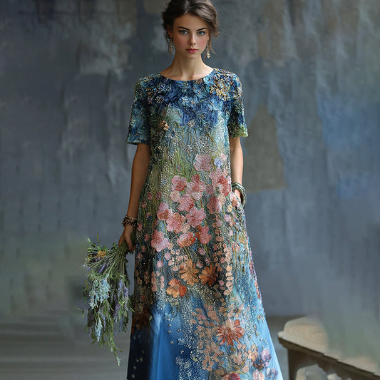 Women's Oil Painting Floral Contrast Color Sequined Maxi Dress