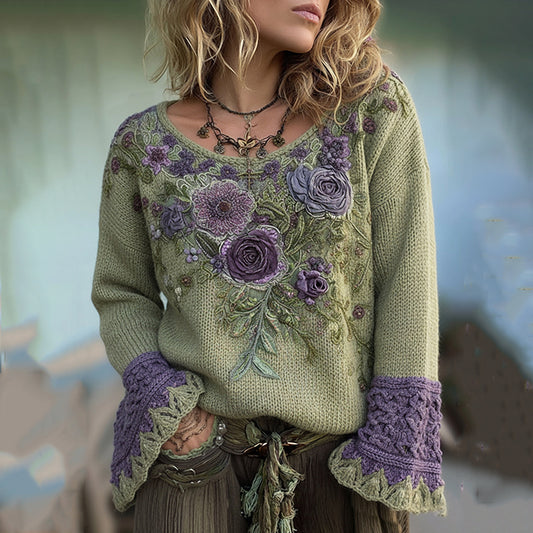 Comstylish Classy Gradient Purple Lavender And Floral Embroidered Sweater