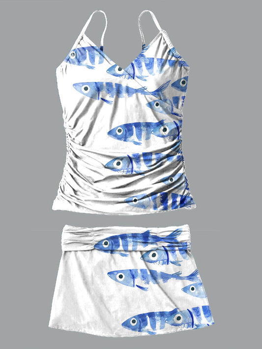 V-Neck Sardines Ink Art Print Suspender Skirt Tankini Pantskirt Set Swimsuit