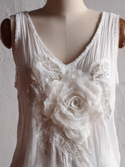 Retro White Rose With Sparkle Women's V-neck Sleeveless Top artswardrobe