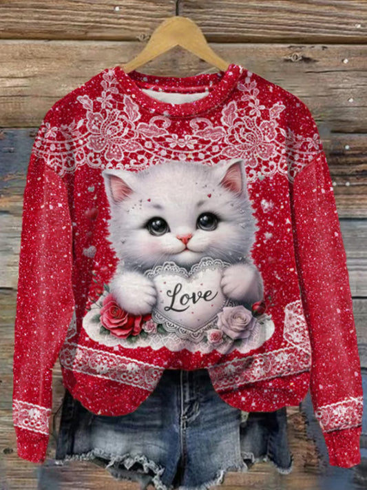 Women's Valentines Day Cute Lace Kitten Printed Sweatshirt elevenforest