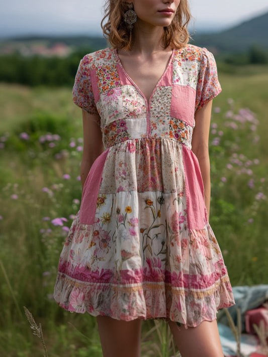 Vintage Cottagecore Pink Floral Patchwork Linen Mini Dress artswardrobe