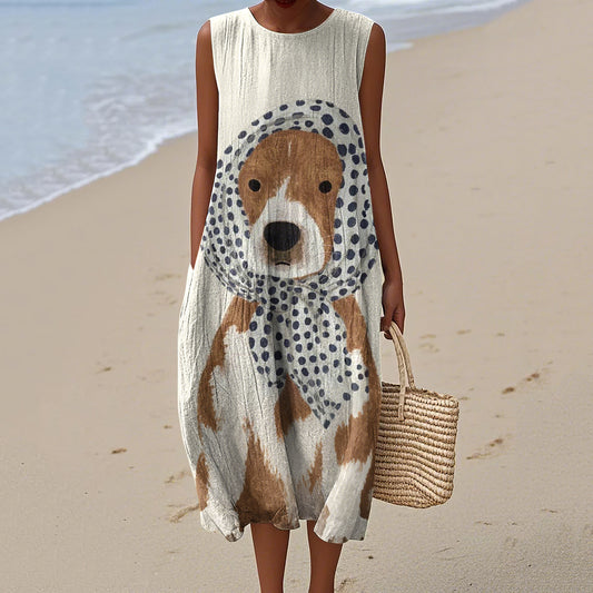 Comstylish Cute Dog Art Linen Tank Midi Dress