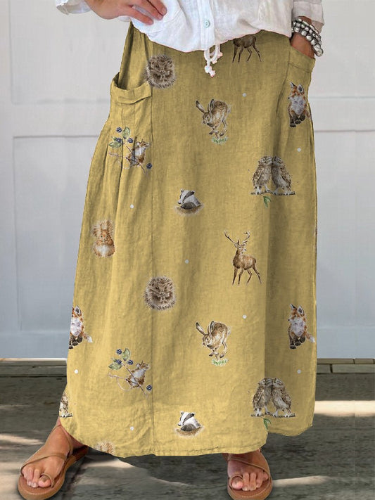 Petite Woodland Animals Pattern Printed Women's Linen Pocket Skirt