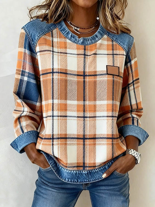 Women'S Casual Round Neck Denim Patchwork Plaid Print Pullover Sweatshirt 