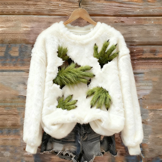 Comstylish Green Monster Hand Warmer Round Neck Flannel Sweatshirt
