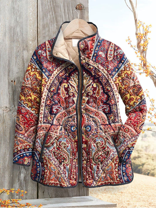 Women's Vintage Floral Art Print Casual Quilted Cardigan
