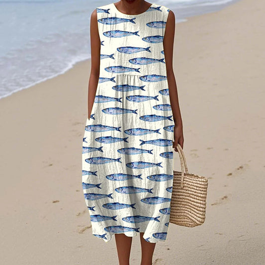 Comstylish Women's Cute Fish Art Print Art Linen Tank Dress