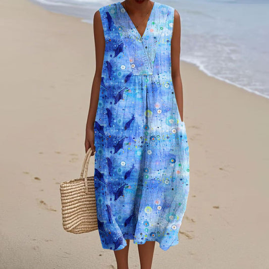 Vintage Fish Printed Linen Casual Tank Dress artswardrobe
