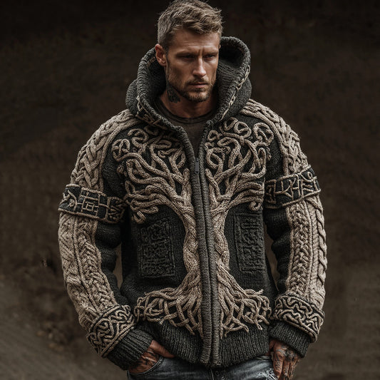 Men's Viking Life Of Tree Jacquard Knit Zipper Aran Sweater Hooded Cardigan artswardrobe