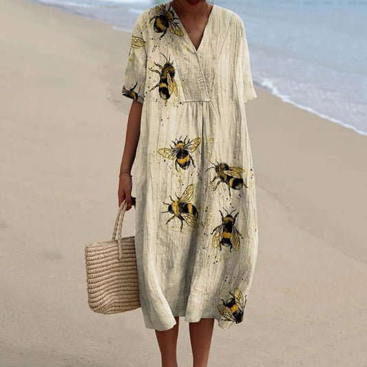 Women's Fashion Bee Art Print V-neck Dress artswardrobe