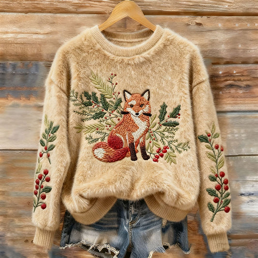 Comstylish Women's Vintage Christmas Fox Holly Leaf Art Cozy Plush Sweater