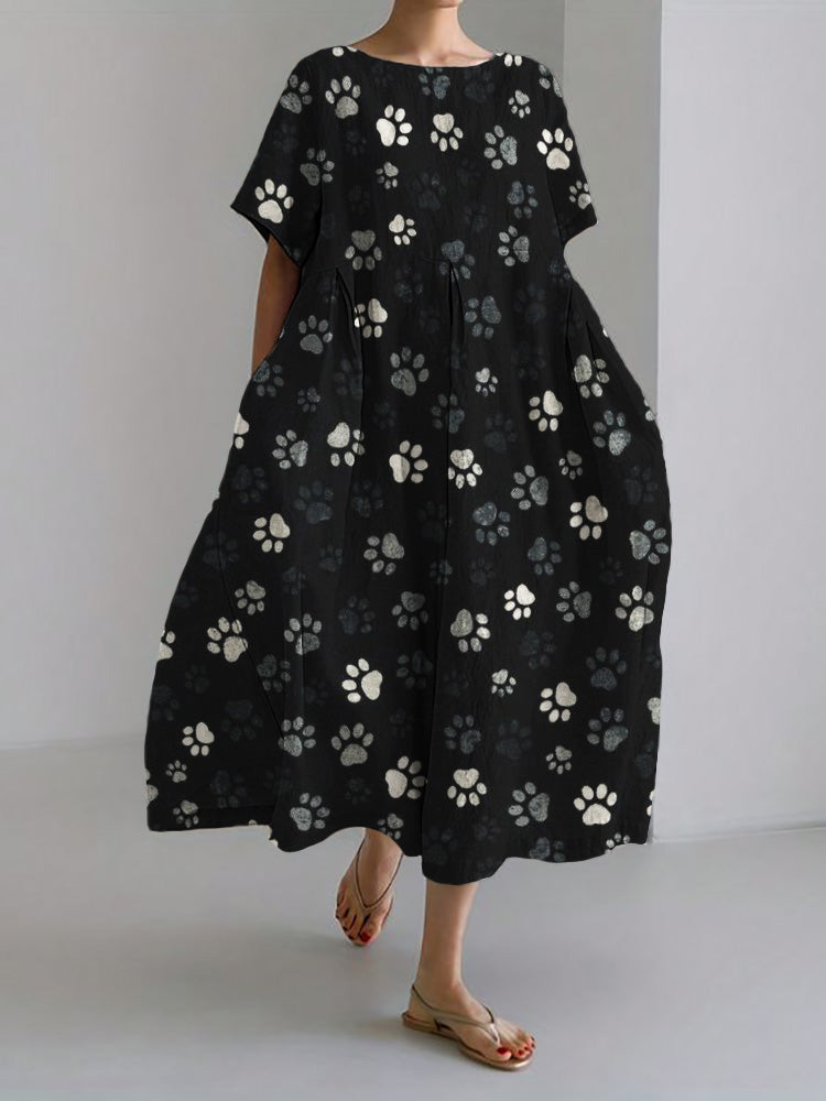 Comstylish Paw Prints Pattern Flowy Maxi Linen Blend Dress