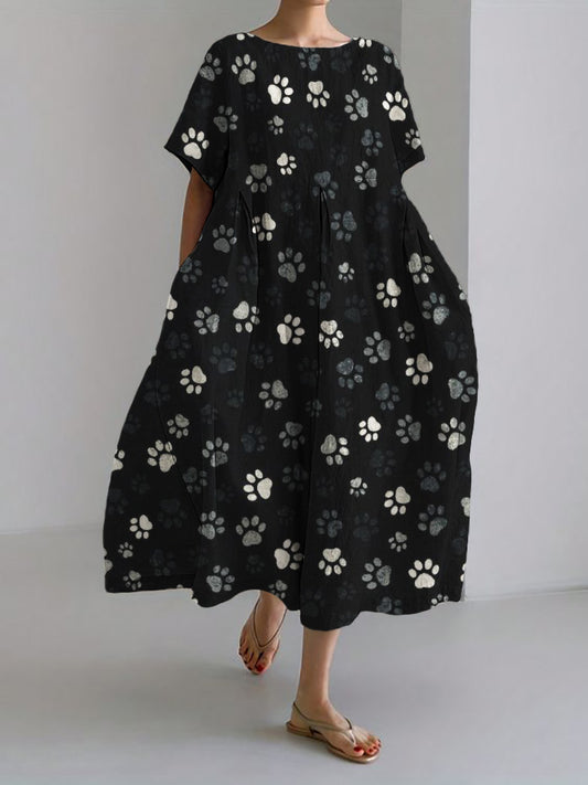 Comstylish Paw Prints Pattern Flowy Maxi Linen Blend Dress