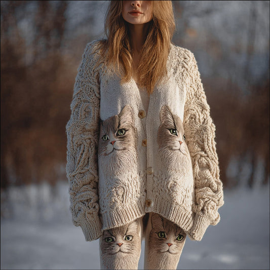 Comstylish Cute Cat Face Embroidered Cozy Sweater Cardigan