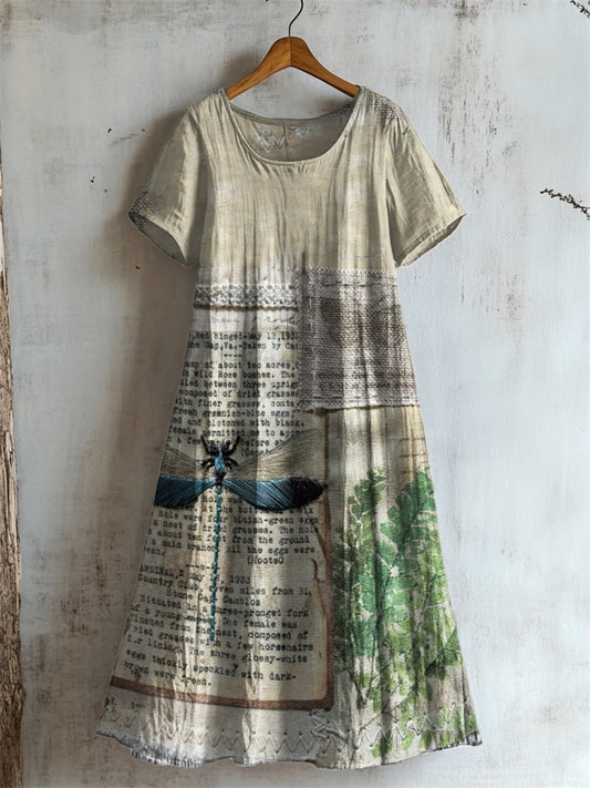 Vintage Dragonfly Embroidered Textile Linen Dress artswardrobe