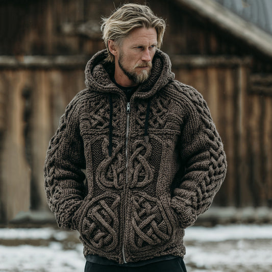Men's Vintage Celtic Knot Jacquard Zipper Aran Sweater artswardrobe