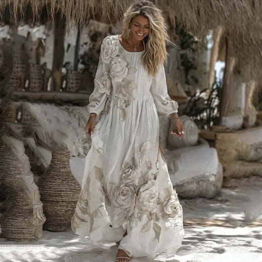 Women's Vintage White Rose Embroidery Art Comfy Linen Maxi Dress