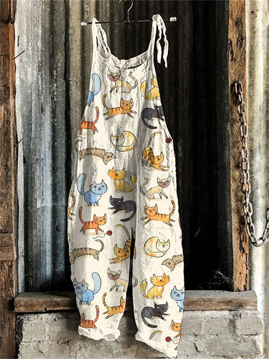 Cute Cats Print Linen Blend Casual Jumpsuit elevenforest